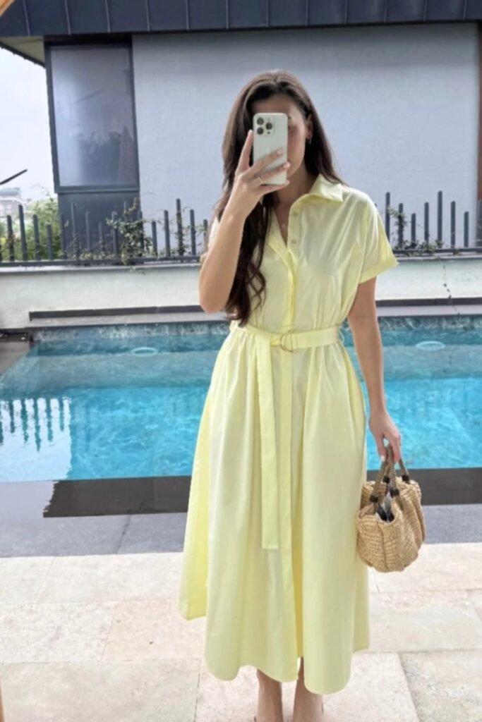 Pale Yellow Short-Sleeve Maxi Shirt Dress + Yellow Waist Belt + Straw Bucket Bag
