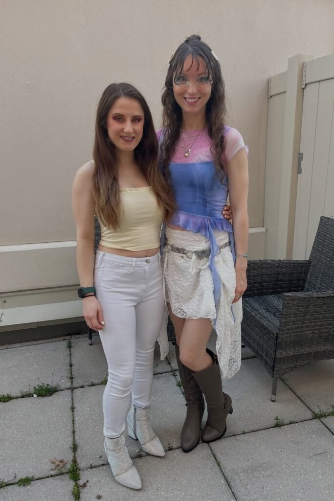 Pale Yellow Tube Top + White Skinny Jeans + Silver Glitter Ankle Boots | Right: Blue and Pink Mesh Layered Top + White Lace Asymmetrical Skirt + Brown Slouchy Boots