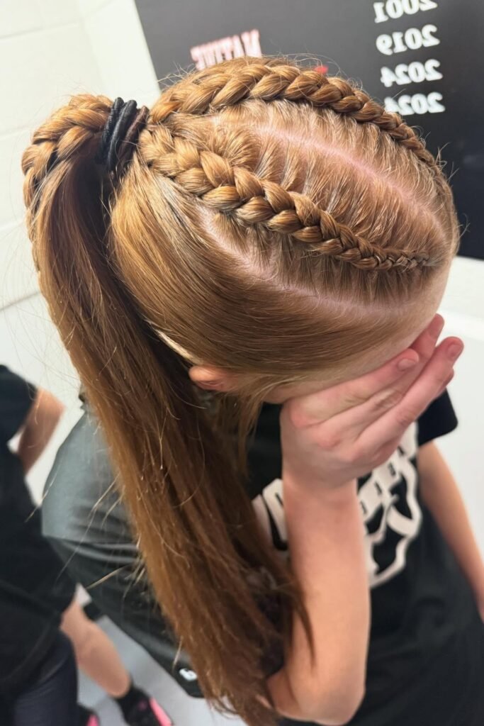 Parallel Dutch Braids Merged into a High Textured Ponytail