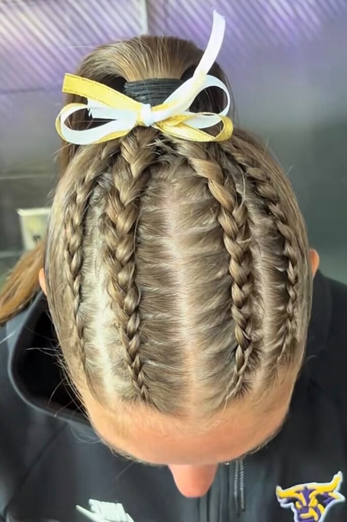 Parallel Dutch Braids into a High Ponytail with a Double Bow