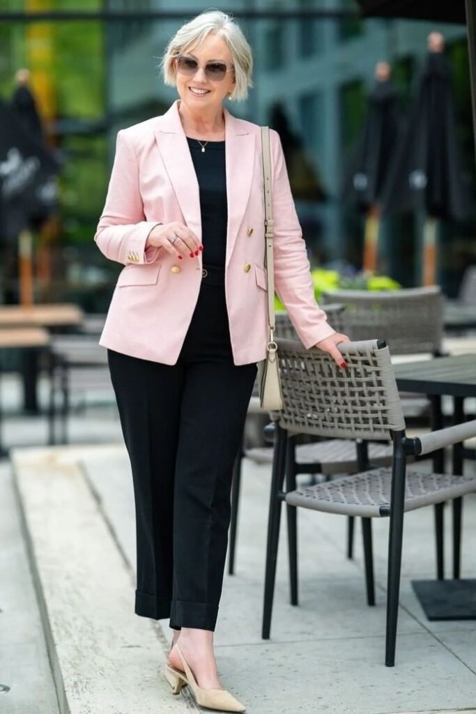 Pastel Pink Blazer + Black Top + Black Ankle Trousers + Beige Slingback Heels