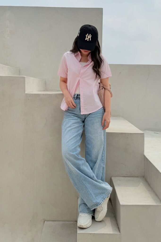 Pastel Pink Short-Sleeve Button-Up + Wide-Leg Light Wash Jeans + White Chunky Sneakers