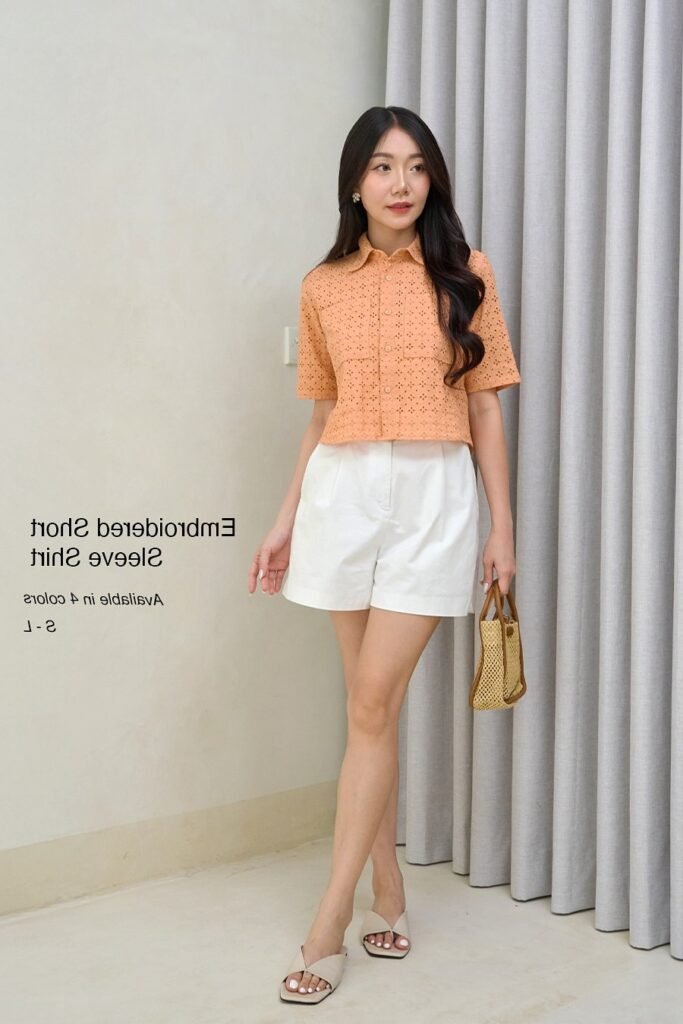Peach Embroidered Short-Sleeve Shirt + White Tailored Shorts + Beige Square-Toe Slides