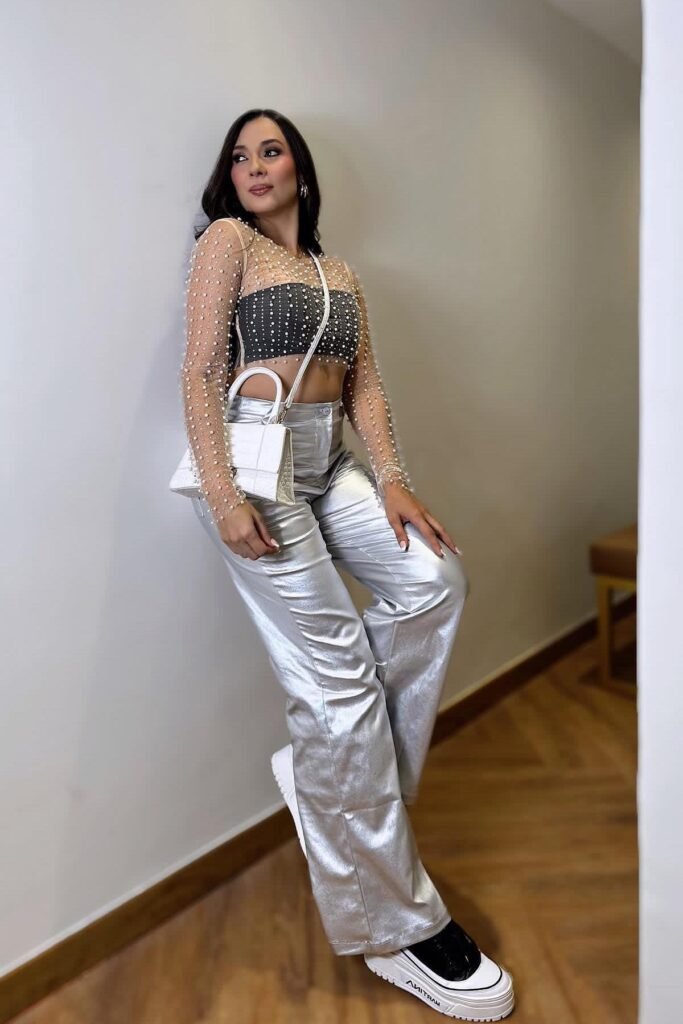 Pearl-Embellished Sheer Long Sleeve Top + Metallic Silver Wide-Leg Pants + Black and White Platform Sneakers