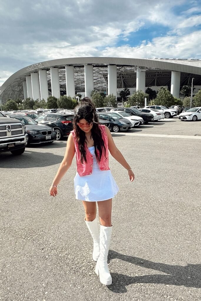 Pink Denim Vest + White Mini Dress + White Knee-High Platform Boots