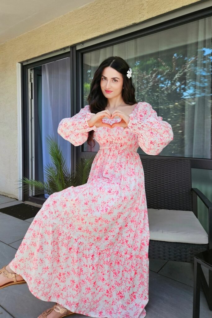 Pink Floral Puff-Sleeve Maxi Dress + Gold Strappy Sandals + White Flower Hair Clip