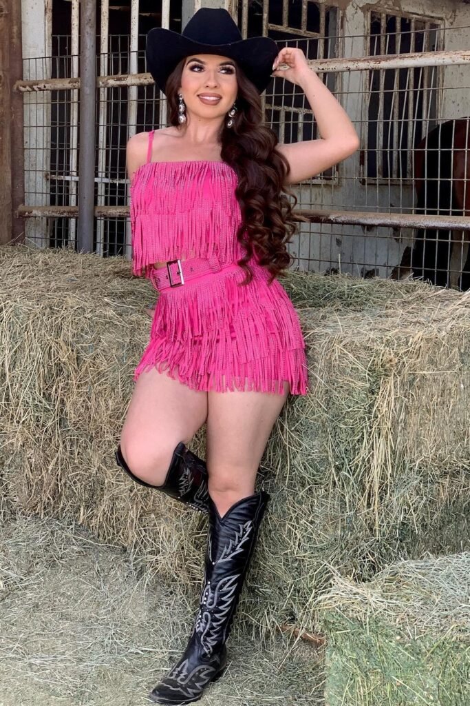 Pink Fringe Two-Piece Set + Black Cowboy Hat + Tall Black Embroidered Boots