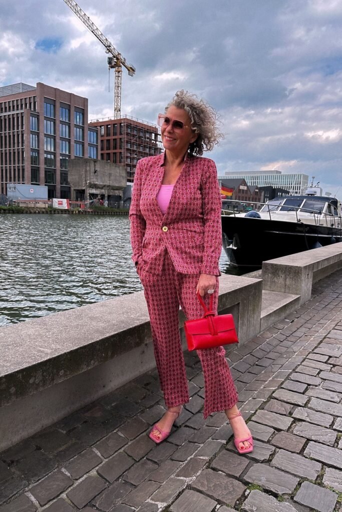 Pink Geometric Print Blazer + Pink Top + Matching Pink Trousers + Pink Square-Toe Sandals