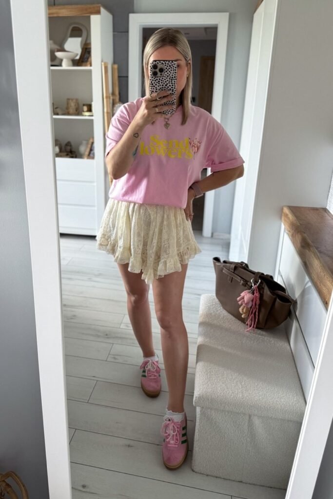 Pink Graphic T-Shirt + Cream Lace Ruffle Skirt + Pink Sneakers