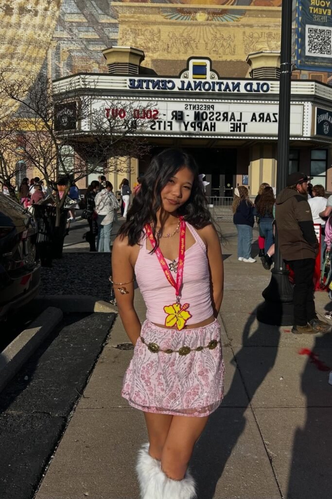 Pink Halter Neck Ruched Top + Pink Sequin Floral Mini Skirt + White Faux-Fur Leg Warmers