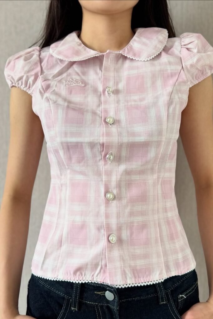 Pink Plaid Peter Pan Collar Blouse + Dark Wash Denim Jeans