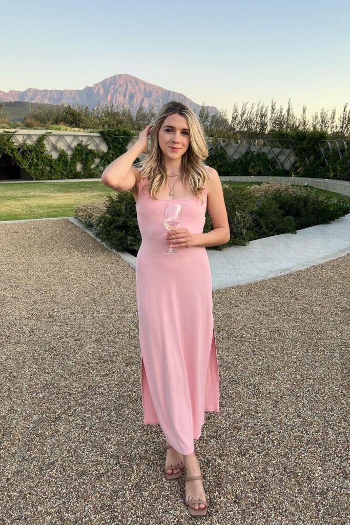 Pink Ribbed Sleeveless Scoop-Neck Midi Dress + Beige Double-Strap Flat Sandals
