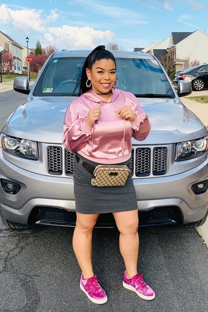 Pink Satin Hoodie + Grey Mini Skirt + Pink Velvet Sneakers