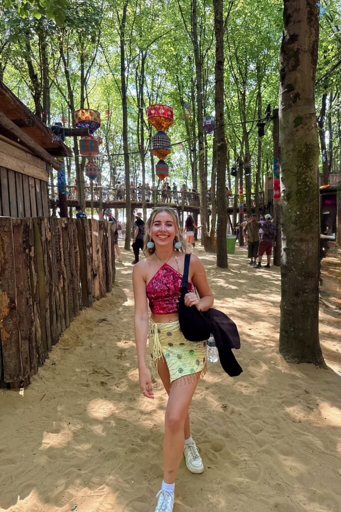Pink Sequin Halter Top + Yellow Patterned Mini Skirt + White Sneakers