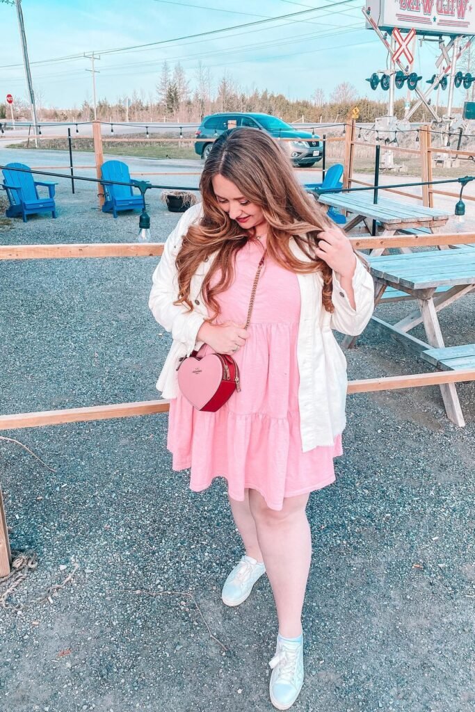 Pink Tiered Mini Dress + White Corduroy Jacket + White High-Top Sneakers