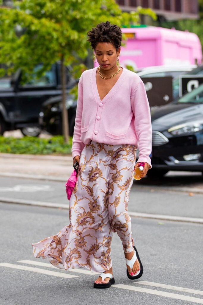 Pink V-Neck Cardigan + Floral Print Satin Maxi Skirt + White Platform Thong Sandals + Pink Quilted Handbag