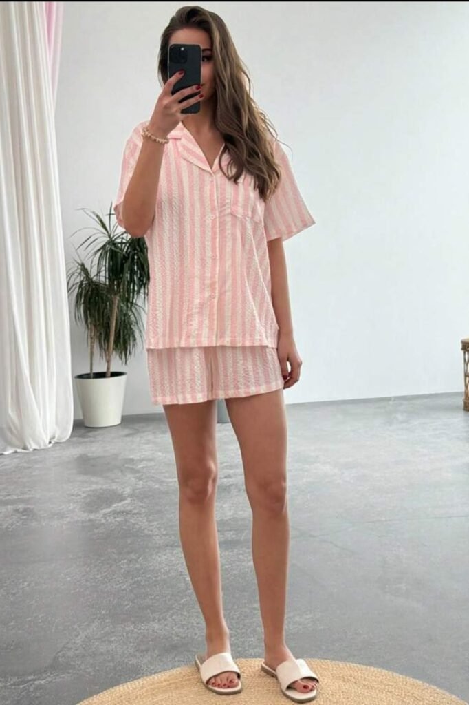 Pink and White Striped Short-Sleeve Pajama Set + White Flat Slides