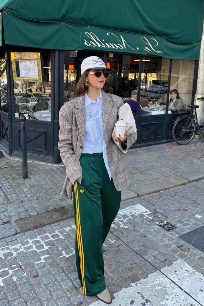 Plaid Oversized Blazer + White Button-Down Shirt + Dark Green Adidas Track Pants + Beige Pointed Boots