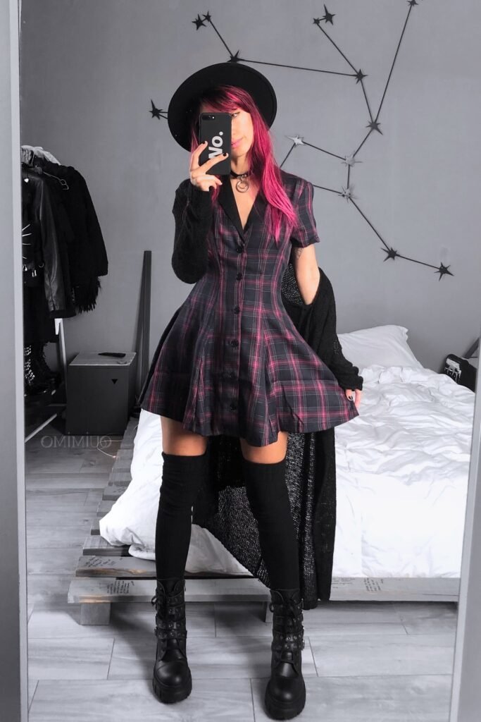 Plaid Short-sleeve Button-up Dress + Long Black Cardigan + Over-the-knee Black Socks + Buckled Platform Boots