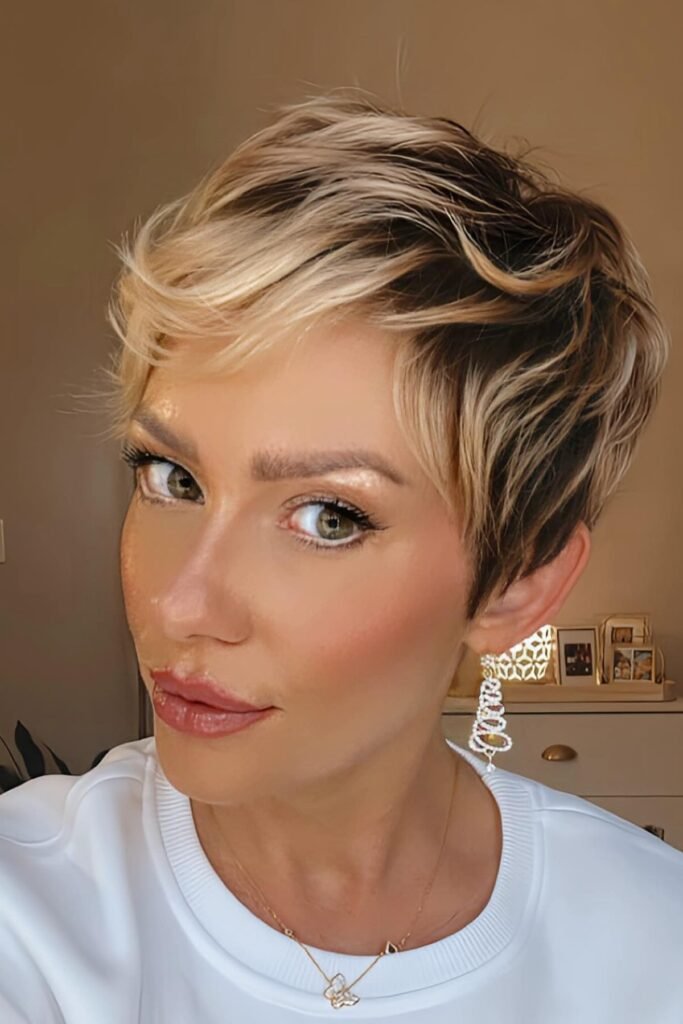 Platinum Blonde Pixie with Deep Root Shadow and Piecey Texture