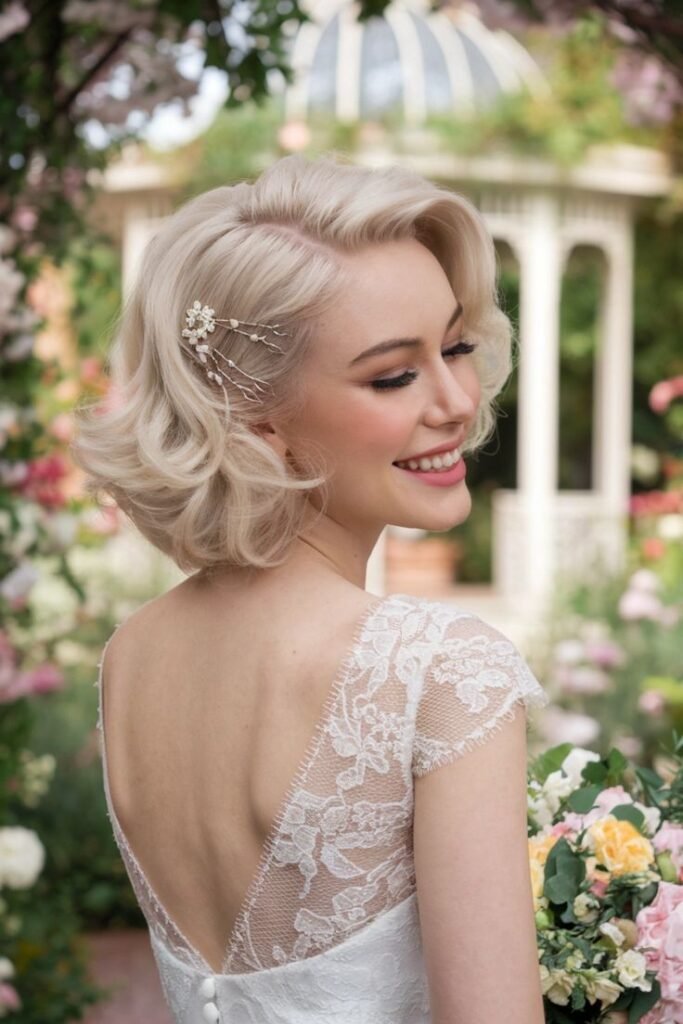 Platinum Blonde Retro Waves with Floral Hair Pins