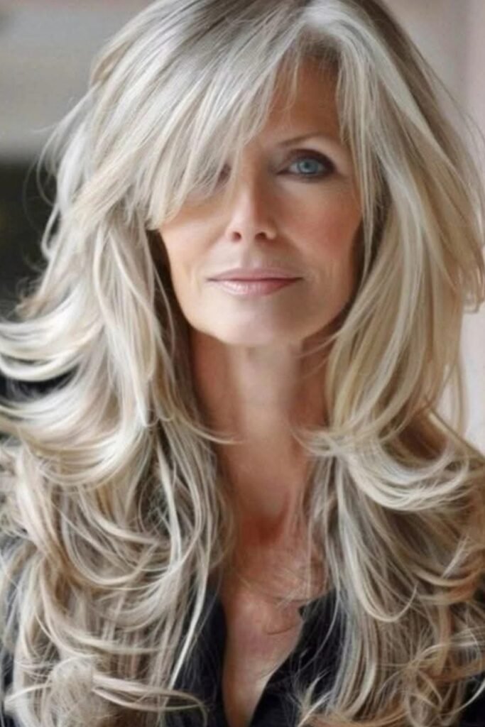 Platinum Blonde Shag with Heavy Side-Swept Bangs