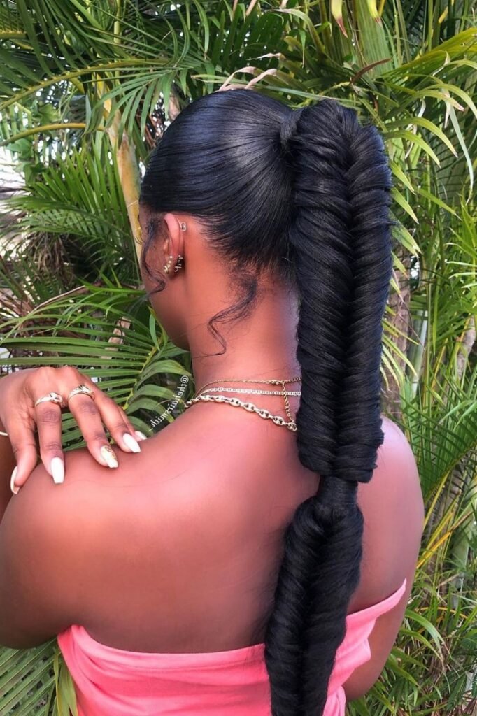 Polished High Ponytail Fishtail Braid on Dark Hair