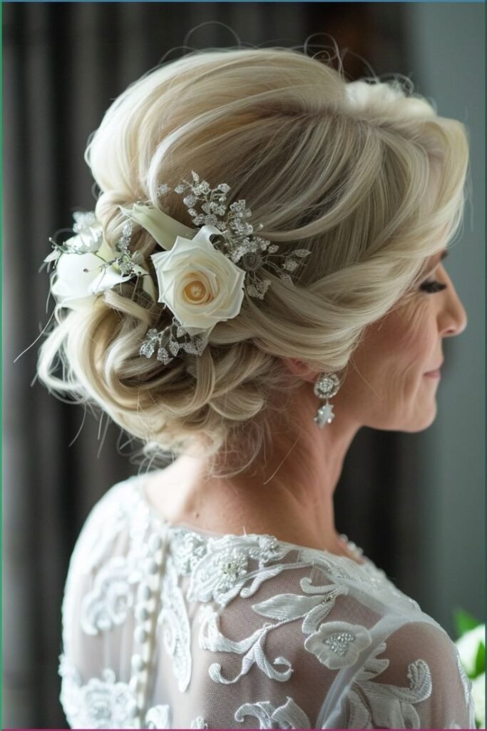 Polished Low Chignon with White Floral and Crystal Pin