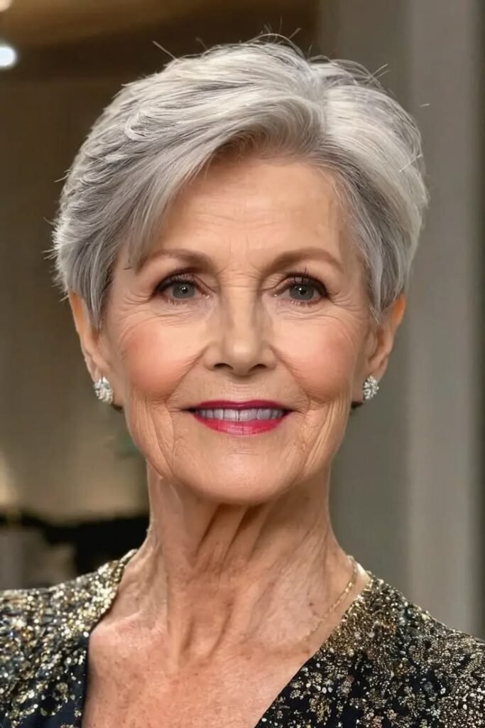 Polished Side-Parted Pixie with Structured Silver Layers