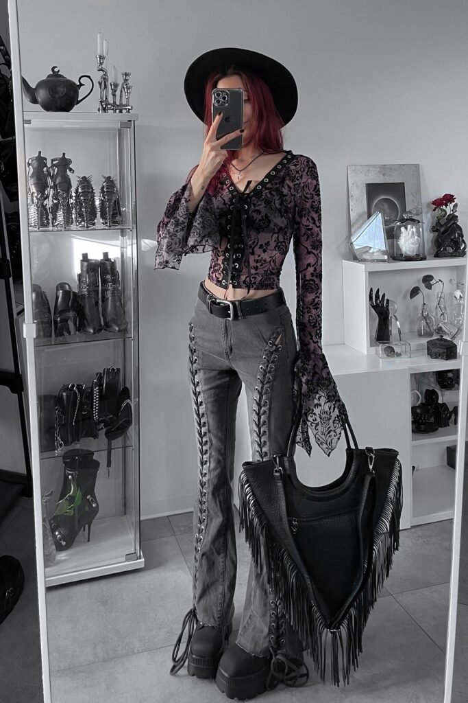 Purple Floral Lace Bell-sleeve Top + Lace-up Grey Flared Jeans + Wide-brimmed Hat + Platform Boots