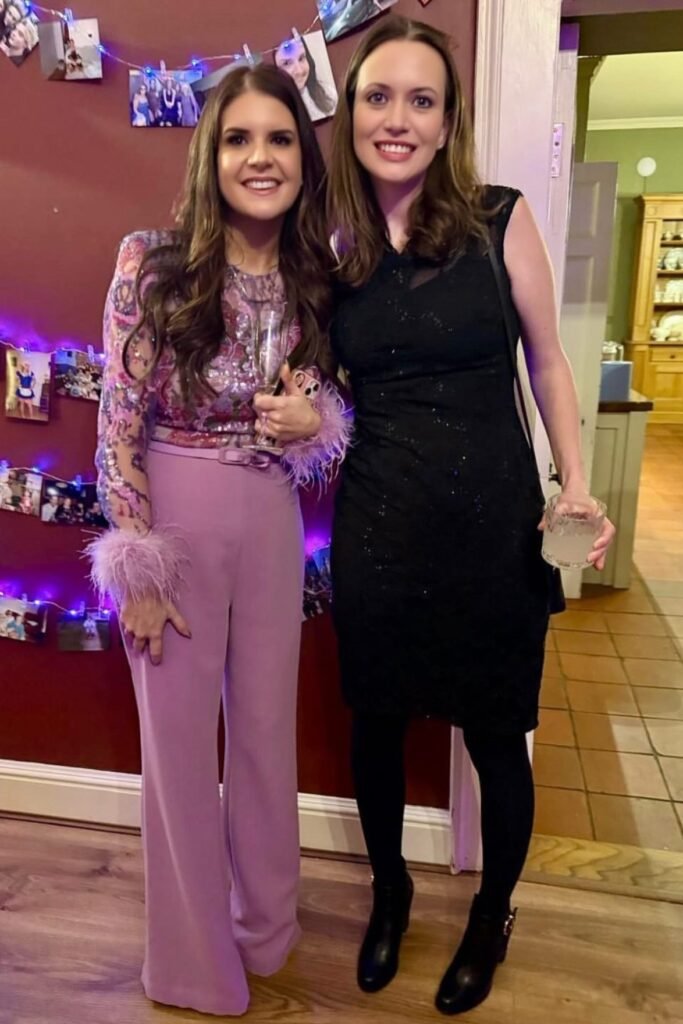 Purple Long-Sleeve Sheer Floral Sequin Top with Feather Cuffs + Matching Purple High-Waisted Trousers