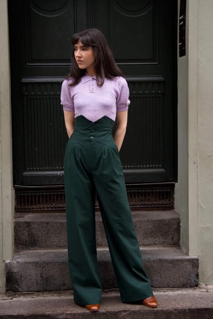 Purple Short-Sleeve Polo Knit + High-Waisted Dark Green Trousers + Brown Loafers