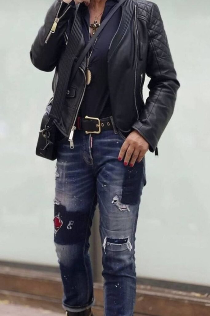 Quilted Black Leather Jacket + Navy Button-down Shirt + Distressed Patchwork Jeans + Black Boots
