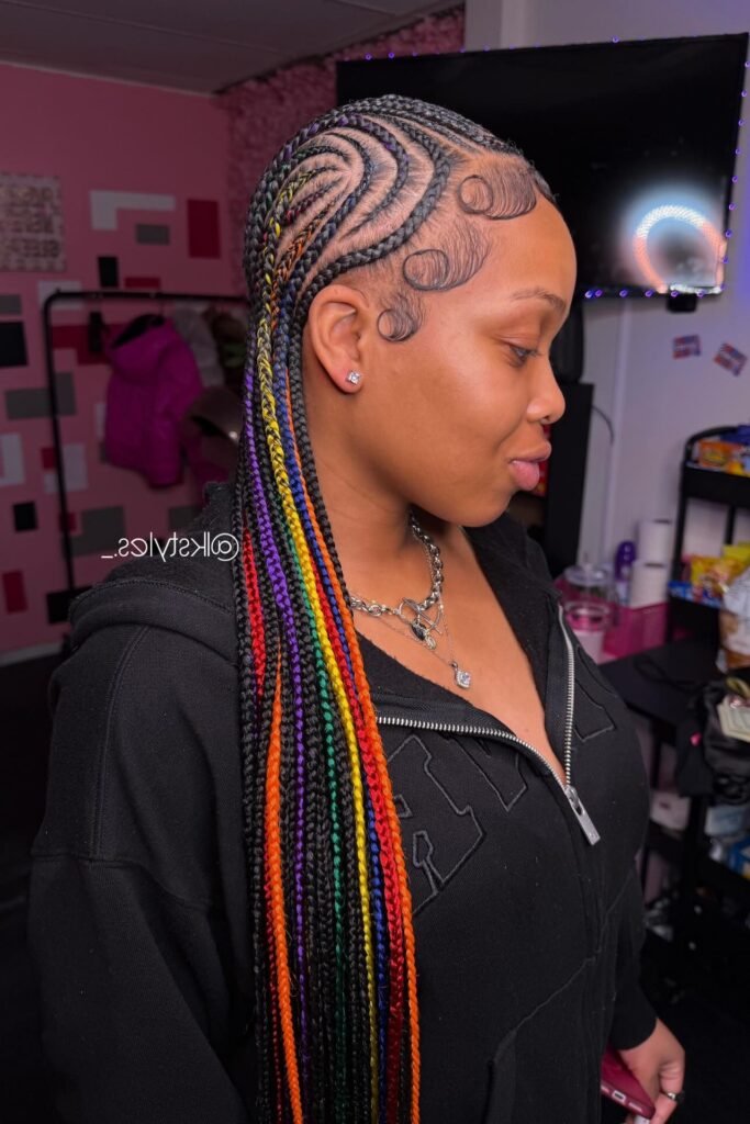 Rainbow Ombre Feed-in Braids with Concentric Swirl Patterns