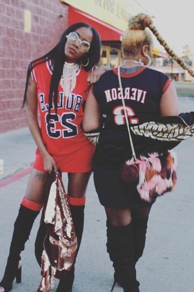 Red Chicago Bulls Jersey Dress / Black Iverson Jersey + Black Thigh-High Boots + Gold Accessories