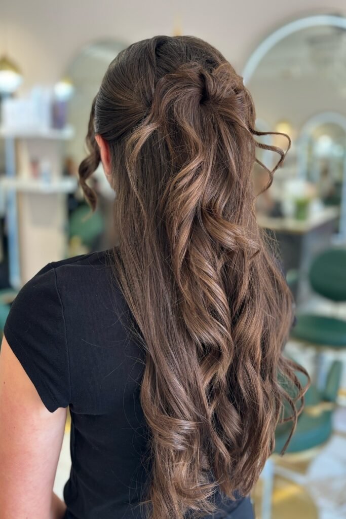 Relaxed Half-Up Knot with Long Brunette Ringlets