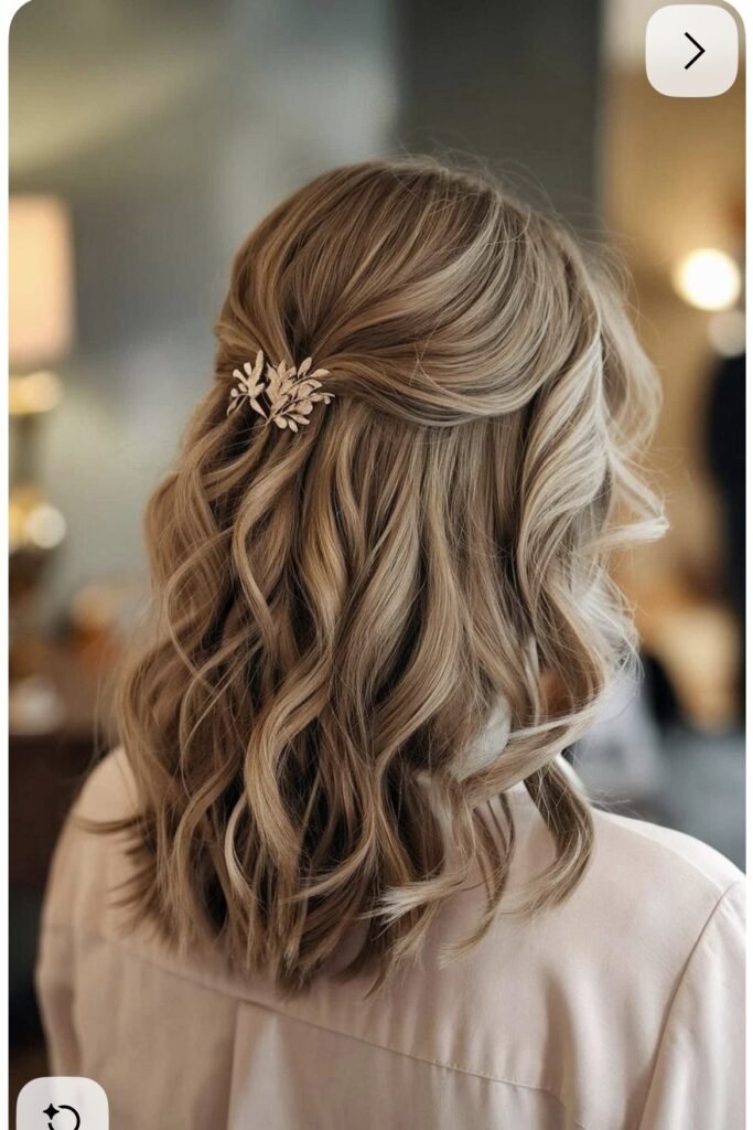 Romantic Half-Up Style with Leafy Gold Hair Clip