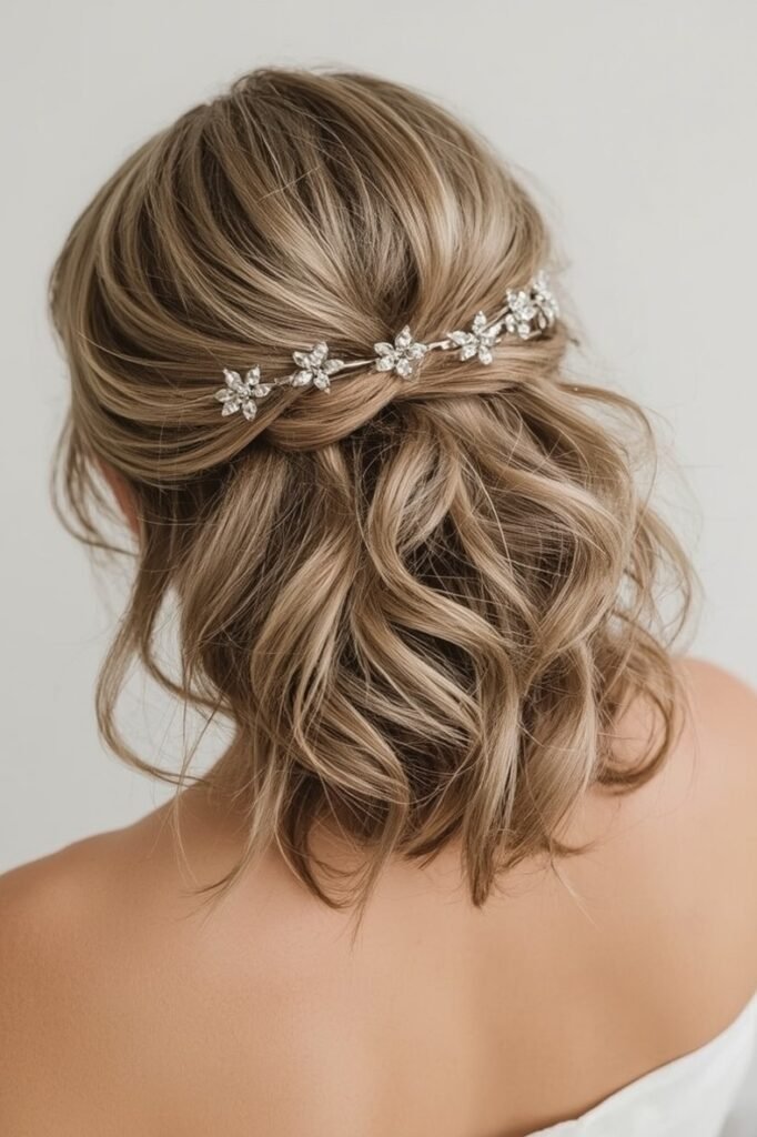 Romantic Half-Up Waves Adorned with Floral Crystal Vine