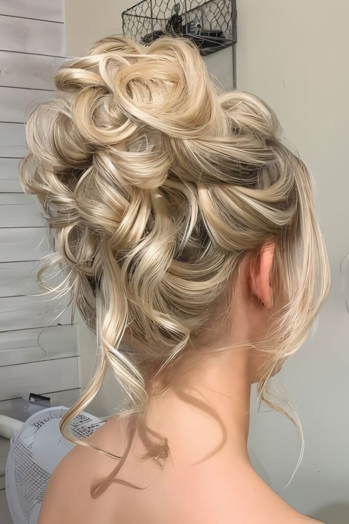 Romantic Tousled Updo with Cascading Tendrils