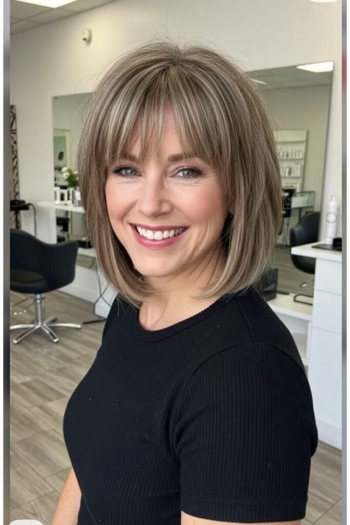 Rounded Bob with Wispy Full Bangs and Soft Ash Highlights