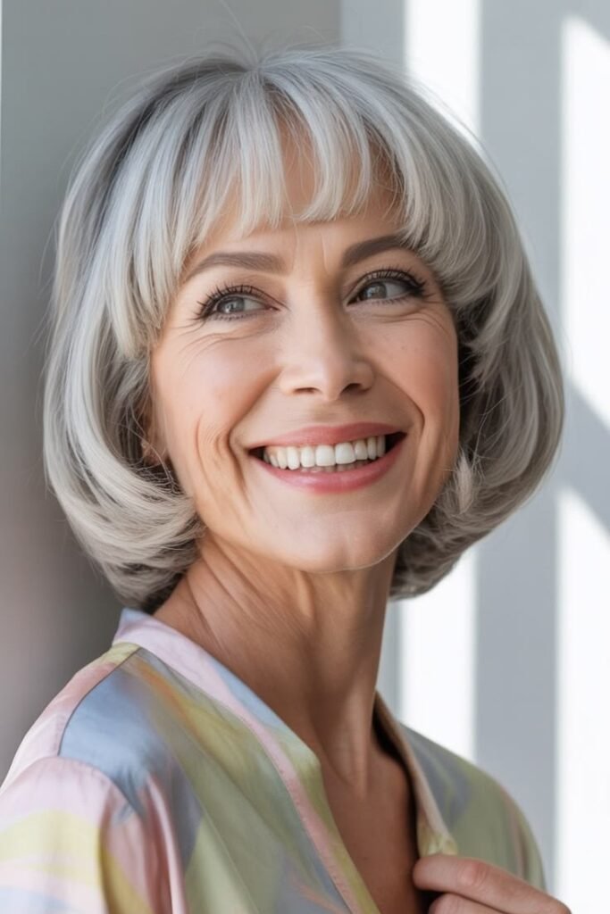 Rounded Silver Pageboy Cut with Full Bangs