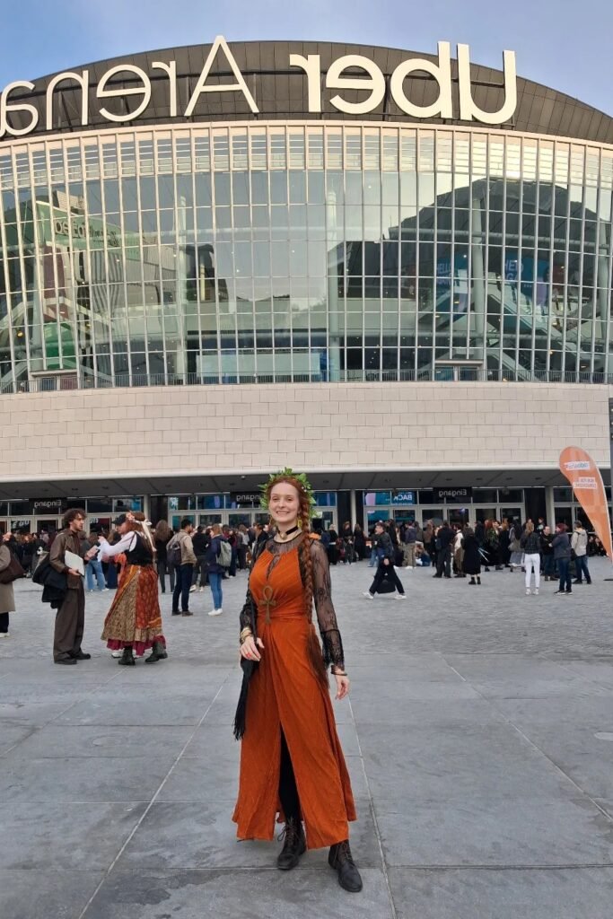 Rust Orange Maxi Dress + Black Lace Long-Sleeve Overlay + Black Combat Boots
