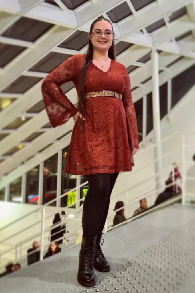 Rust Red Lace Mini Dress + Black Opaque Tights + Black Lace-up Boots