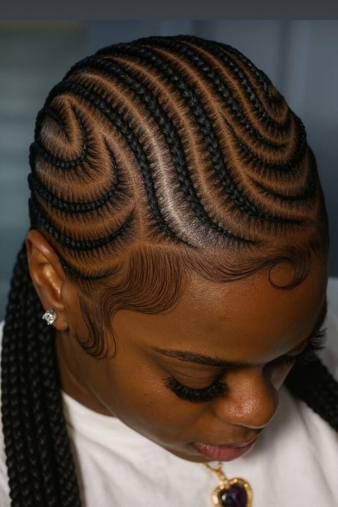 S-Curved Wave Cornrows with Artfully Laid Sculpted Edges