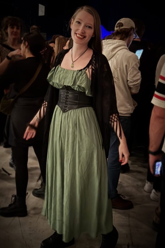 Sage Green Maxi Dress + Black Leather Corset Belt + Black Fringed Shawl