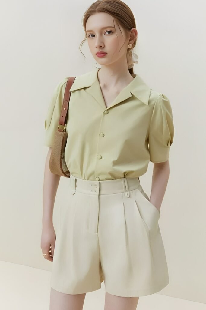 Sage Green Puff-Sleeve Blouse + Cream Tailored Shorts + Brown Shoulder Bag