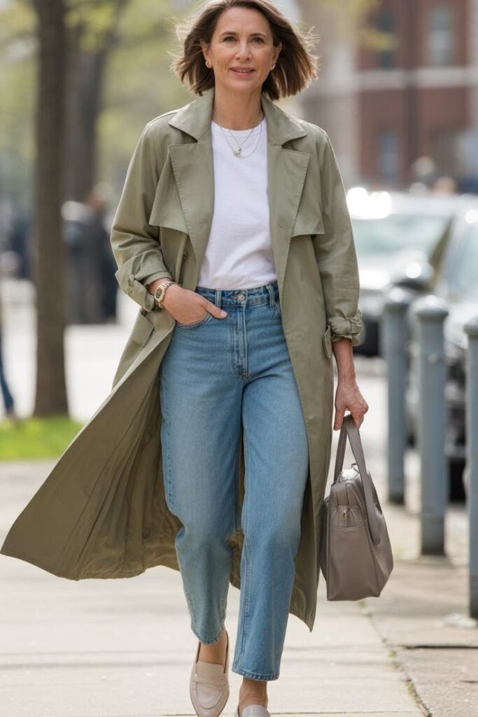 Sage Green Trench Coat + White T-Shirt + Light Wash Straight-Leg Jeans + Beige Loafers