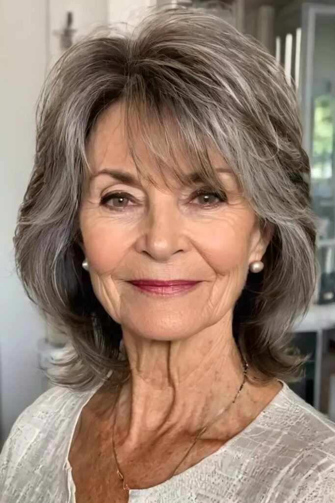 Salt and Pepper Layered Midi-Cut with Wispy Fringe