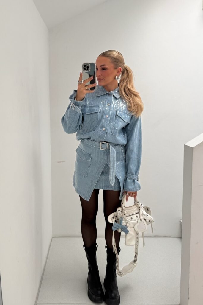 Sequin Denim Shirt + Matching Sequin Mini Skirt + Black Platform Boots