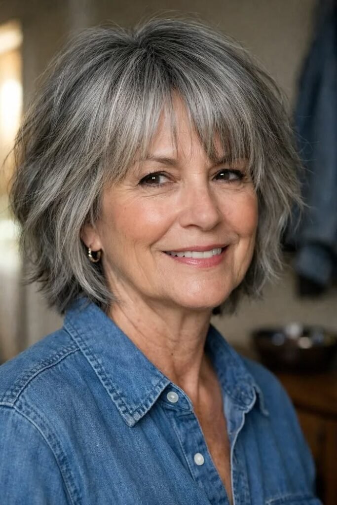 Shaggy Salt and Pepper Bob with Textured Bangs